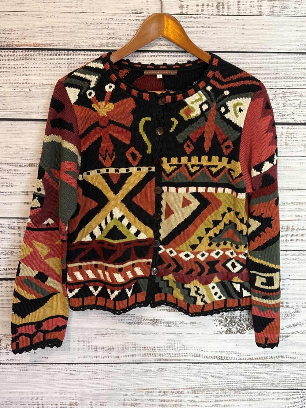EUC Peruvian Connection Art Insect Aztec Cardigan Sweater 100% Pima Cotton LG